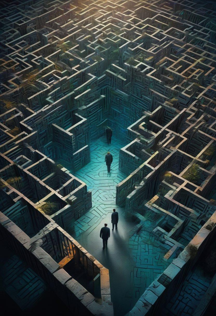 A surreal maze formed by various criminal justice data elements like fingerprints, scales of justice, and data charts, contrasting dark and light areas representing crime and prevention. Include abstract representations of individuals navigating through this maze, symbolizing hope and awareness. Incorporate a mix of vibrant colors to evoke emotion and urgency, creating an engaging scene. digital painting. vibrant colors. abstract.