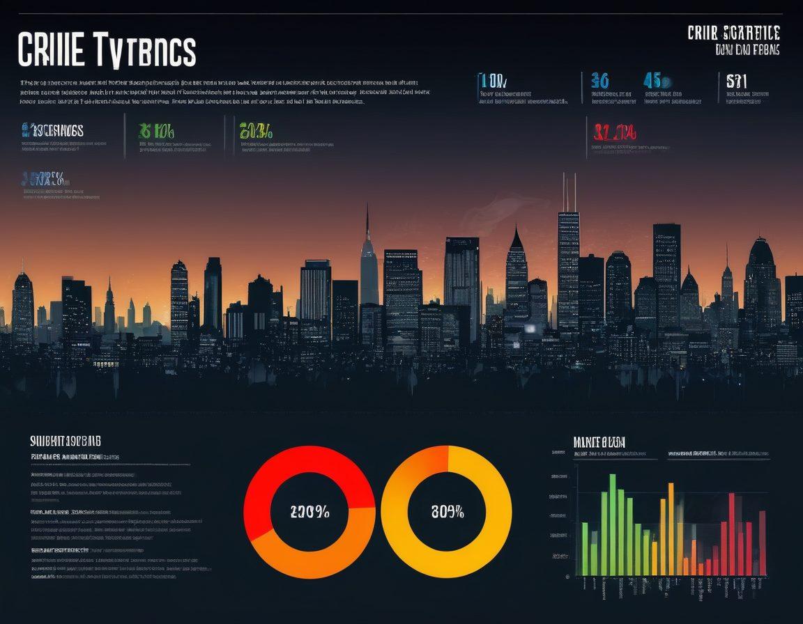 A visually striking infographic showcasing crime statistics, with bar graphs and pie charts integrated into a city skyline silhouette. The background features various crime-related icons such as handcuffs, a police badge, and a magnifying glass, symbolizing investigation. Use contrasting colors to highlight different crime trends, with an overlay of statistics that reflects changes over time. The overall style should evoke a sense of urgency and importance regarding crime analysis. vibrant colors. super-realistic.