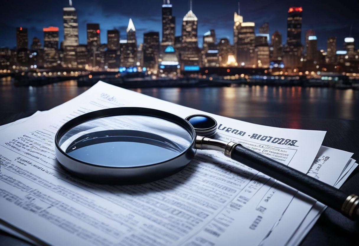 A magnifying glass hovering over a stack of felon records and crime statistics papers, revealing hidden details within. In the background, a blurred cityscape symbolizes urban crime, while scales of justice are subtly integrated into the design. The colors are a mix of dark blues and vivid reds to convey a serious yet intriguing atmosphere. super-realistic. vibrant colors.